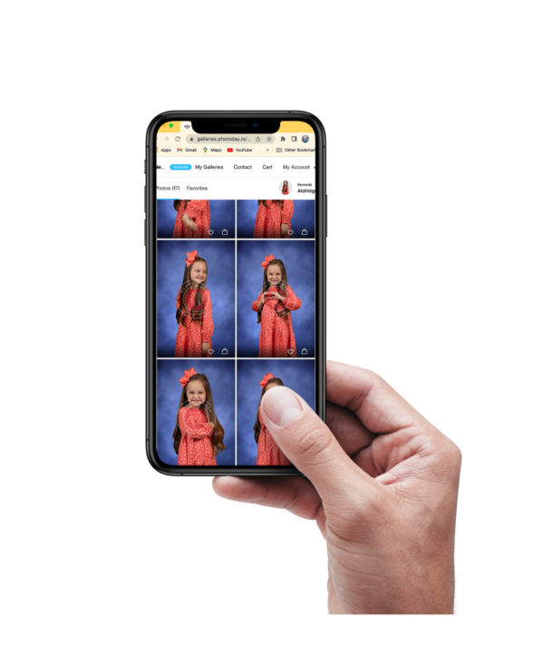 A hand holding a phone showing a child’s photo gallery on galleries.photoday.io