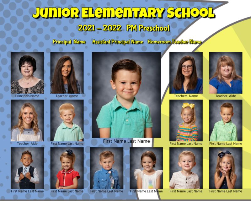 Sample class composite: individual student portraits arranged on a playful layout, with one student featured in the center