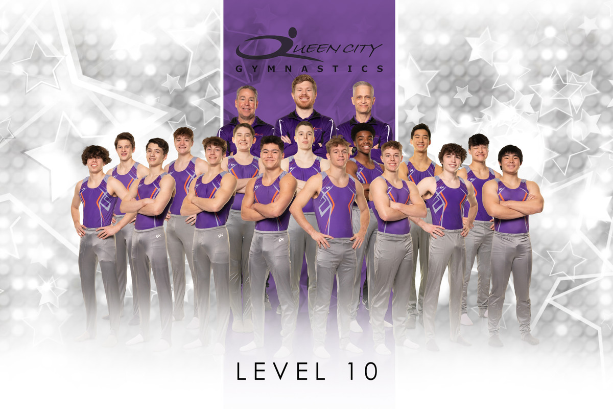 Queen City Gymnastics Level 10 boys team banner with coaches