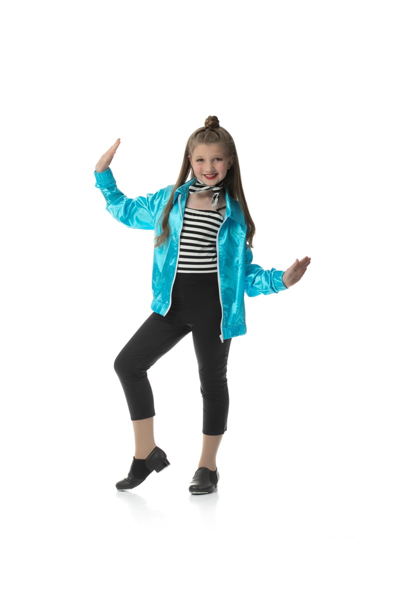 Tap dancer in a bright blue jacket striking a pose mid-routine