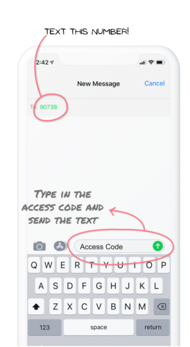 Phone screenshot: start a new message to 90738 and text your access code