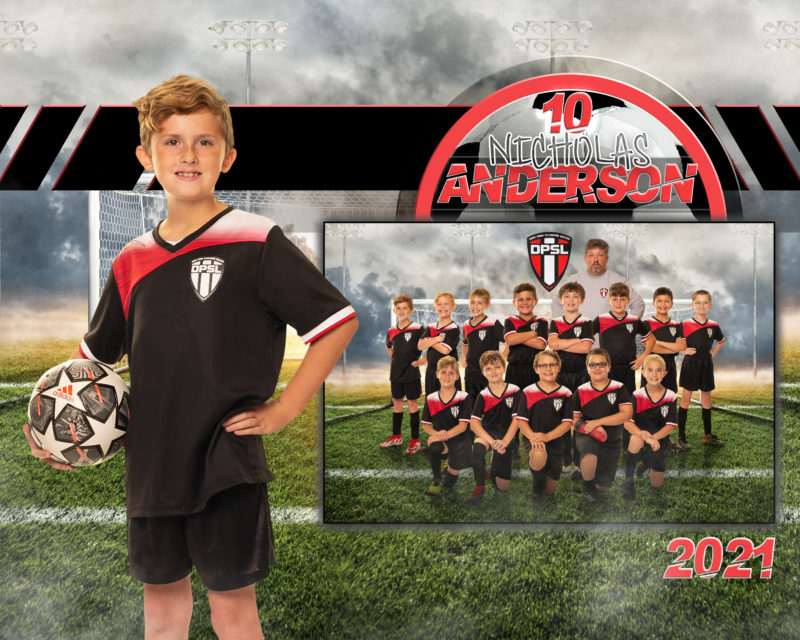 Sports memory-mate product by Schoolhouse Photos: a young soccer player with his ball beside his team photo